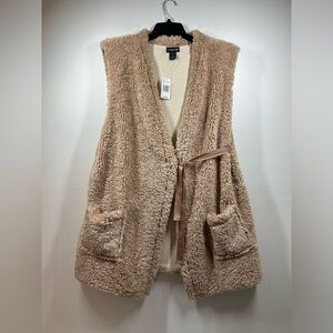 Madison 88‎ Faux Fur Fluffy Vest with ribbon tie Pockets Fuzzy Cozy